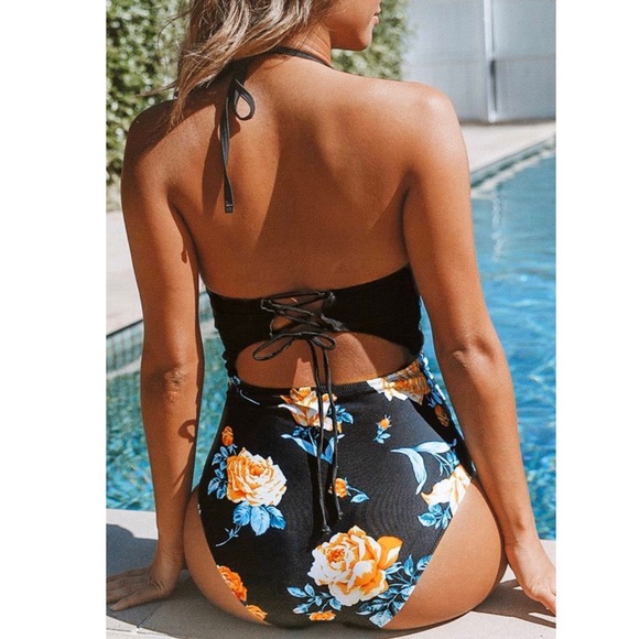 Black Floral Print Halter One Piece Swimsuit Sz L= - Picture 2 of 13